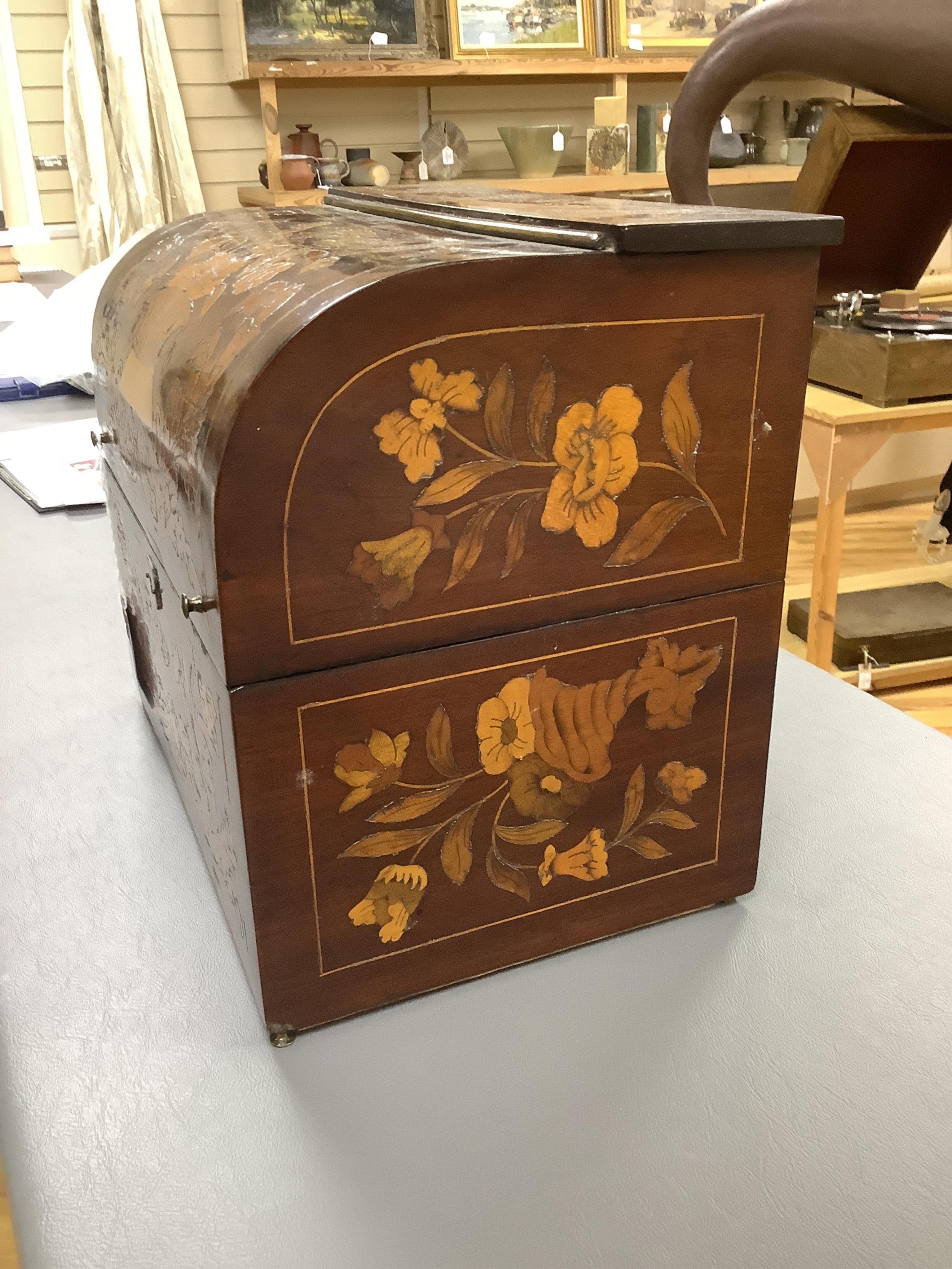A 19th century Dutch, dome fronted, marquetry mahogany decanter box, velvet lined, 28cm wide